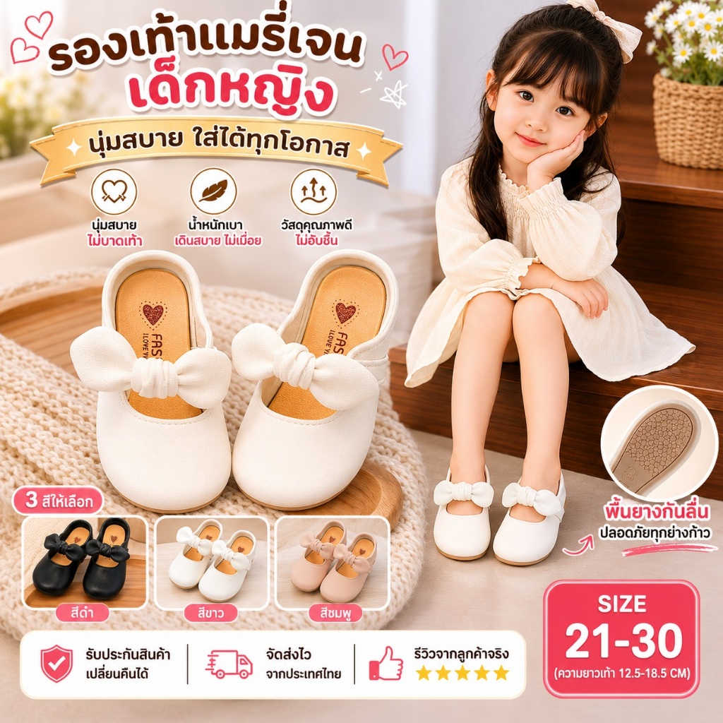 รองเท้าหนังเด็กหญิง ซม.เด็กน่ารัก Toe-Covered รองเท้าเด็กผู้หญิง Mary Jane รองเท้าเด็ก  รองเท้าสาวฤดูร้อนสวมใส่ด้านนอกบ้