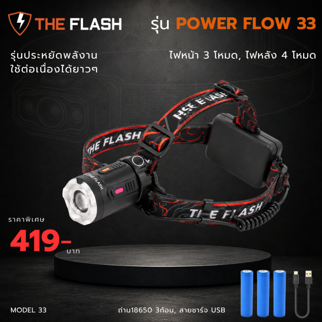 THE FLASH 🔦รุ่น Power Flow ไฟฉายคาดหัว 🔥สว่าง กินไฟน้อยใช้ได้นาน ของตรงปก LED รับประกันศูนย์ไทย