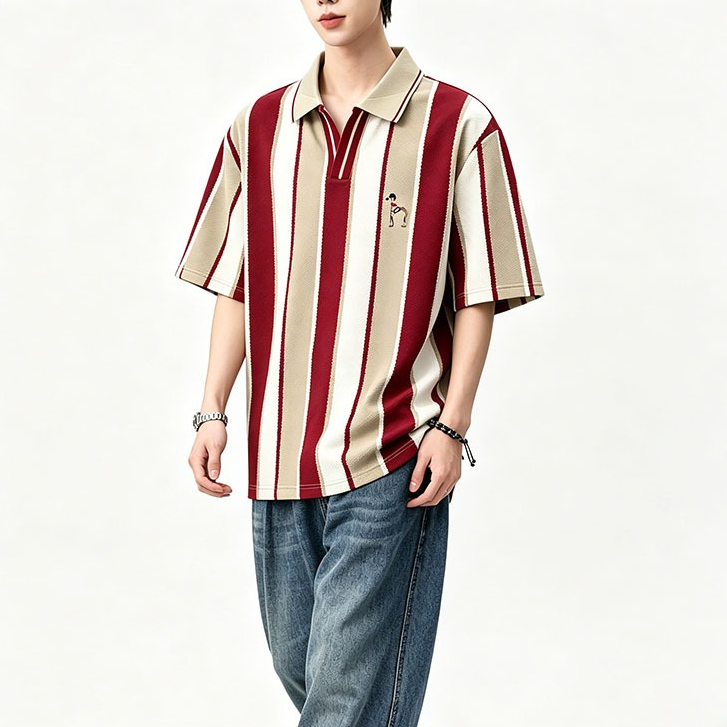 เสื้อโปโลผู้ชาย ลายทางแนวตั้ง ปักลายสุนัข คอปกตั้งสีเบจ ลำลองและมีสไตล์ สวมใส่สบายในชีวิตประจำวัน