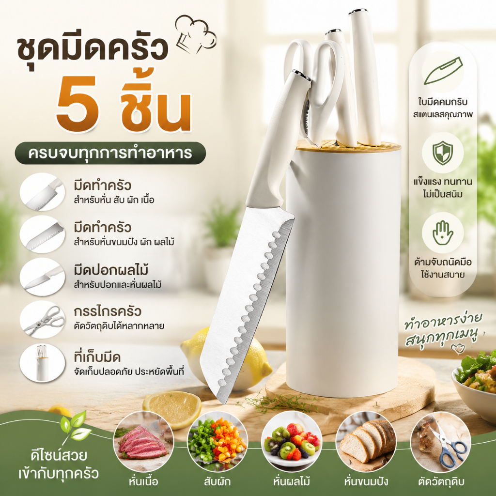 ชุดมีดทำครัวอเนกประสงค์คุณภาพสูง 5 ชิ้น สเตนเลส สีเงิน