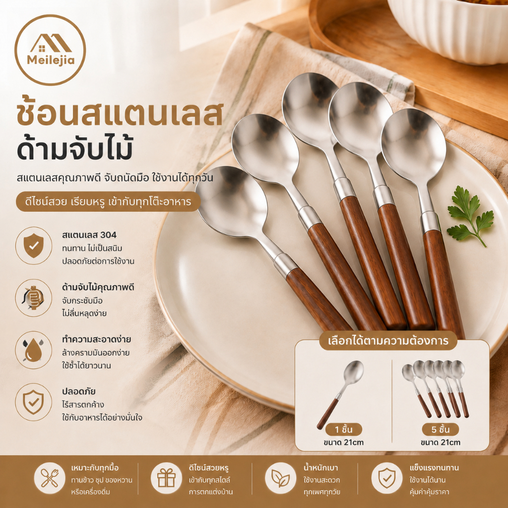 ชุดช้อนส้อมไม้เนื้อแข็งทนทาน พร้อมตะเกียบไม้และช้อนสแตนเลส ใช้งานได้ทั้งช้อนกาแฟและช้อนขนม ในชีวิตประจำวัน