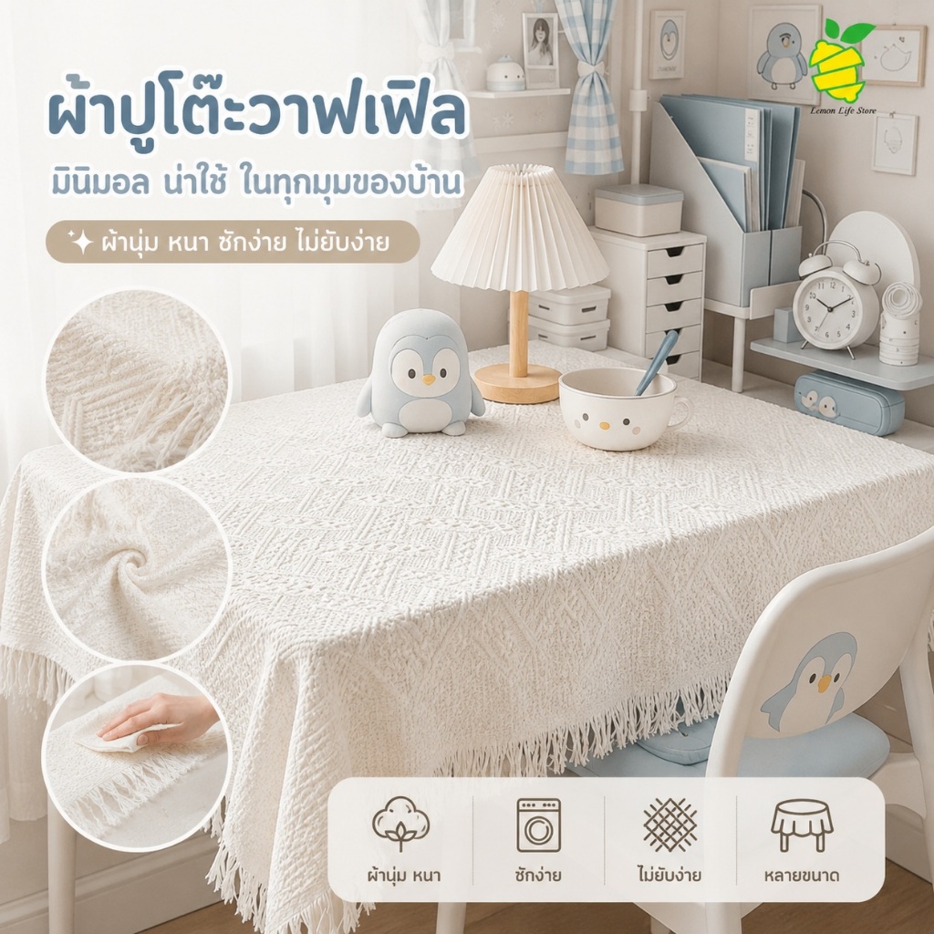 ผ้าปูโต๊ะลายวาฟเฟิล มินิมอลสีพื้น ผ้าคลุมโต๊ะอาหาร/ทำงาน กันฝุ่น ถ่ายรูปสวย ซักง่าย มีหลายขนาด