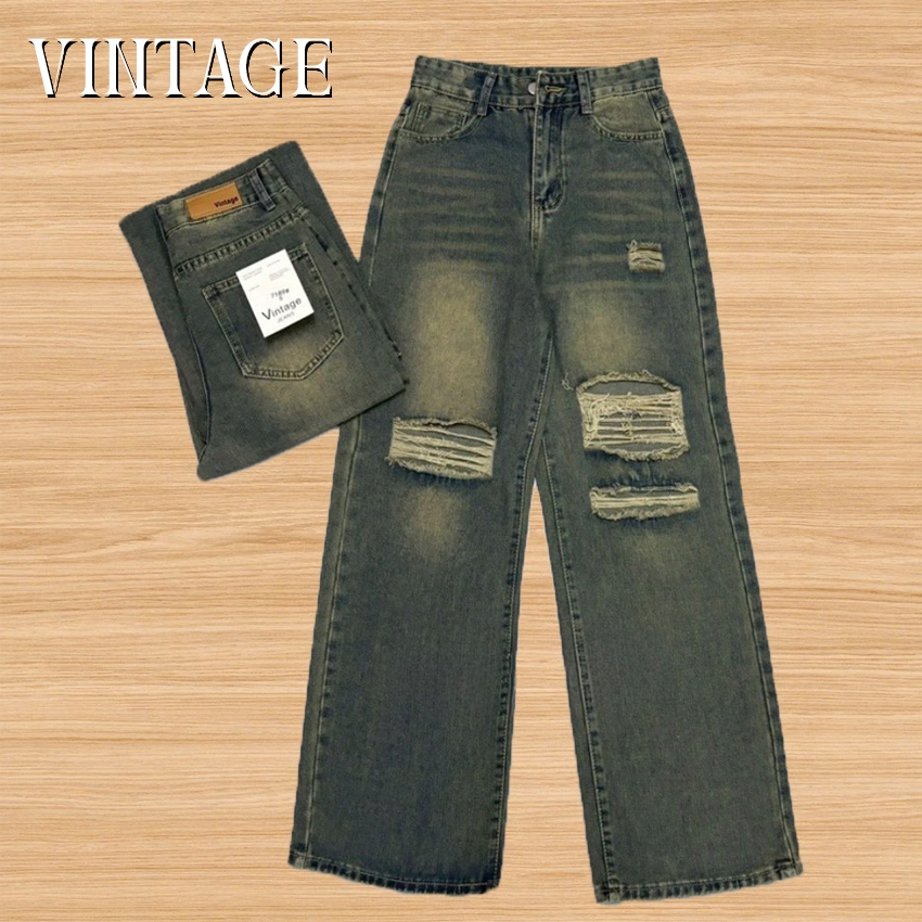 Vintage รุ่น 7189 กางเกงยีนส์ ทรงกระบอก แต่งเฟดขา แต่งขาด สีสนิม ทรงสวยผ้าไม่ยืด