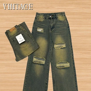 Vintage รุ่น 5079 กางเกงยีนส์ ทรงกระบอก แต่งเฟดขา แต่งขาด สีสนิม ทรงสวยผ้าไม่ยืด
