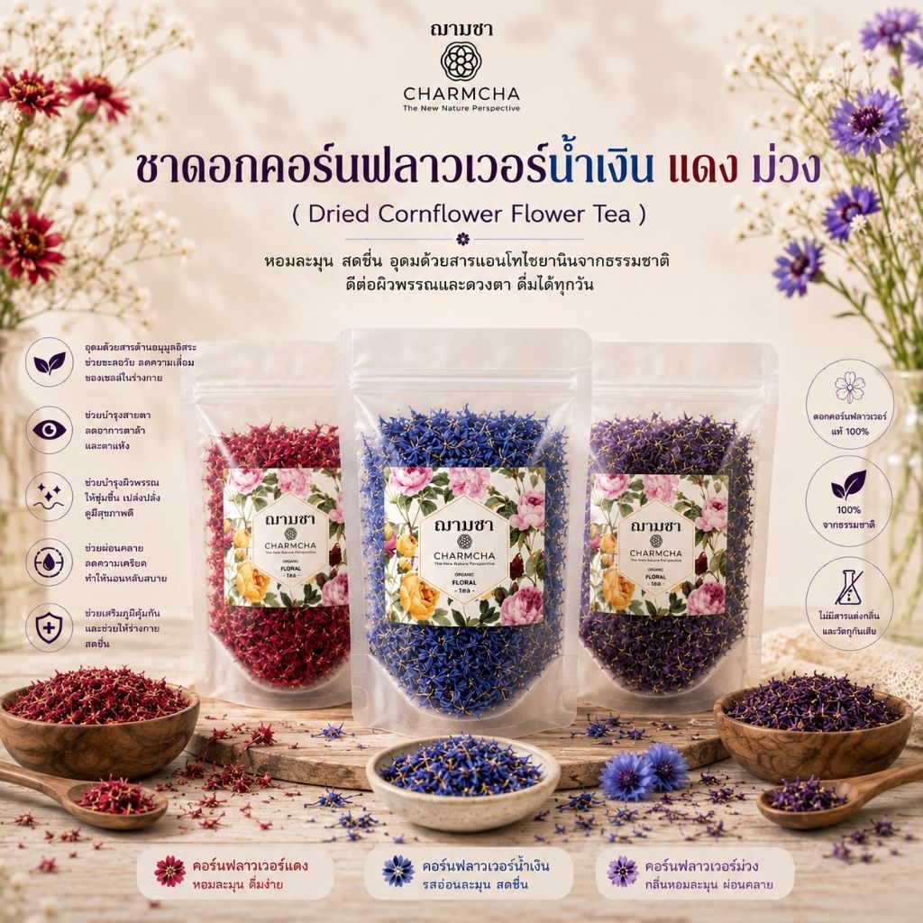 ชาดอกคอร์นฟลาวเวอร์น้ำเงิน แดง ม่วง(Dried Cornflower FlowerTea) ตกแต่งอาหาร และใช้เป็นส่วนผสมในชา แต่งขนม แต่งเค้ก Charm