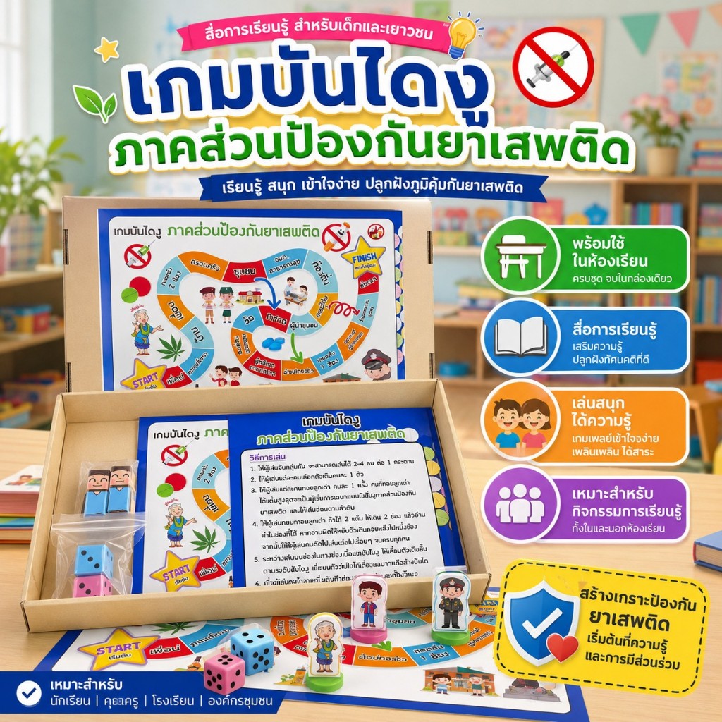 สื่อยาเสพติด โรงเรียนสีขาว เกมบันไดงูเรื่องภาคส่วนป้องกันยาเสพติด กล่อง A4
