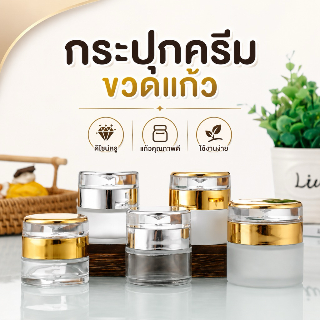 พร้อมส่ง กระปุกครีมแก้วใส ตลับครีมเปล่า ขวดแก้วใสขุ่น ฝาสีเงิน,สีทอง,สีขาว ขนาด 20g,30g,50g