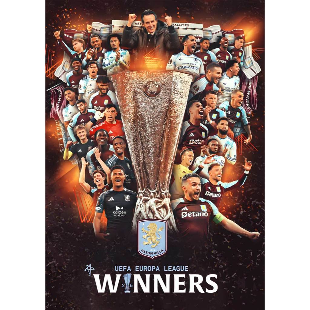 โปสเตอร์ แอสตัน วิลลา CHAMPIONS POSTER 2025-2026 11.5"x16.5" นิ้ว A3 Europa League ฟุตบอล Aston Villa