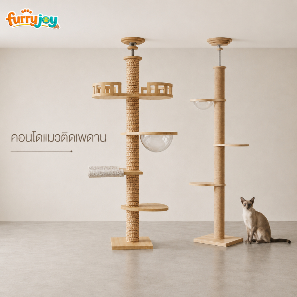 [FurryJoy]คอนโดแมวติดเพดาน 260-320CM ไม่ต้องเจาะผนัง เสาลับเล็บ DIY ปรับระดับได้ แข็งแรง มินิมอล