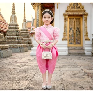 ชุดไทยเด็ก รุ่นโจงกระเบน+เสื้อลูกไม้แขนตุ๊กตาไหล่ยก+สไบ รวม 3 ชิ้น *ไม่รวมเครื่องประดับ*