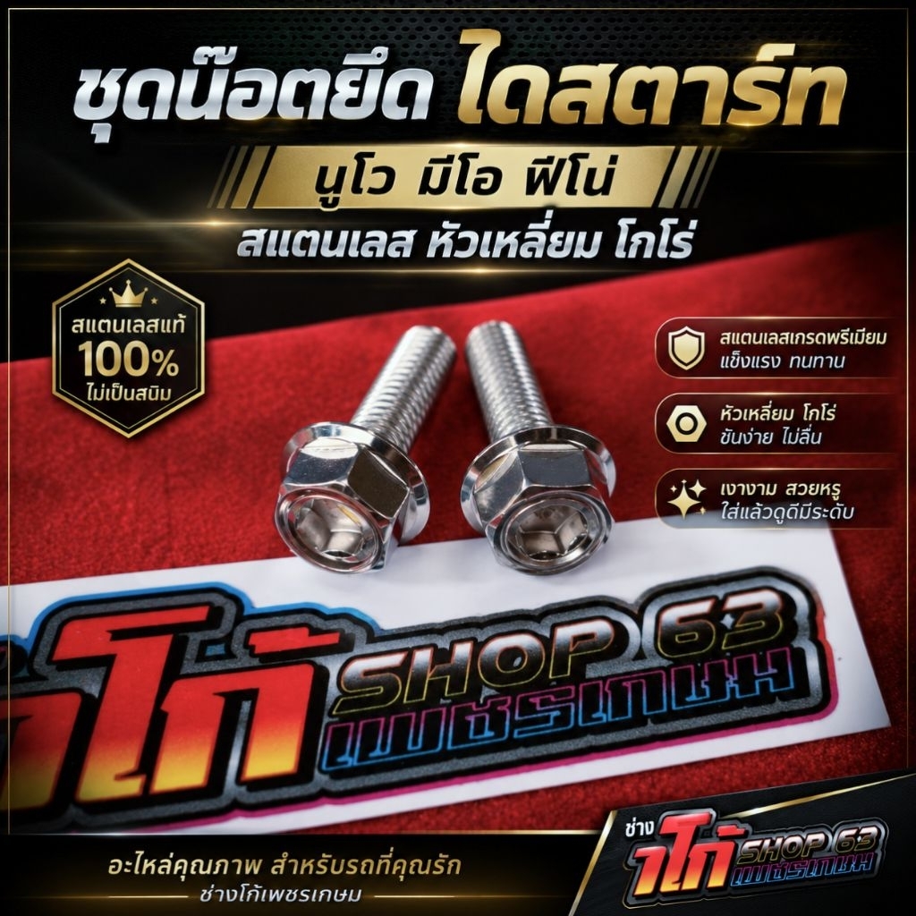ชุดน๊อตยึด ไดสตาร์ท นูโว มีโอ ฟีโน่สแตนเลส หัวเหลี่ยม โกโร่