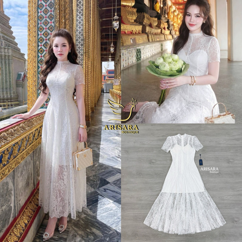 ARISARA•เรียบ หรู ดูแพง ชุดเดรสยาว ลูกไม้งานเกาหลี มีฟองน้ำเสริมทรง ซิปด้านหลัง มีซับในใส่ดินเนอร์หรือออกงาน