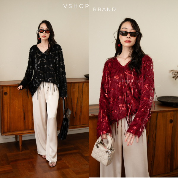 พร้อมส่ง เสื้อขนแขนยาวแต่งปักกลิตเตอร์เส้นๆ งานป้ายvshopbrand