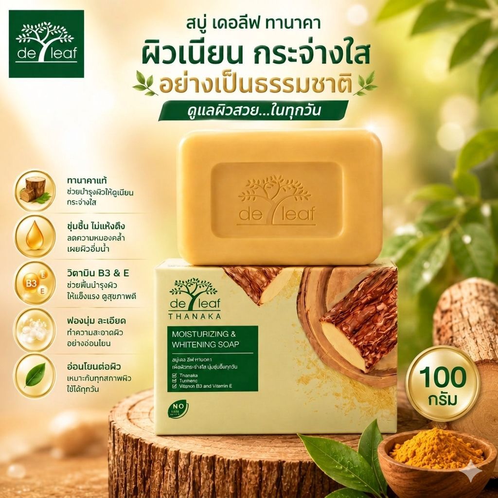 สบู่ทานาคา สบู่ เดอลีฟ ทานาคา มอยส์เจอร์ไรซิ่งแอนด์ไวท์เทนนิ่ง 100 กรัม De Leaf Thanaka (ขั้นต่ำ 3 ก้อน)