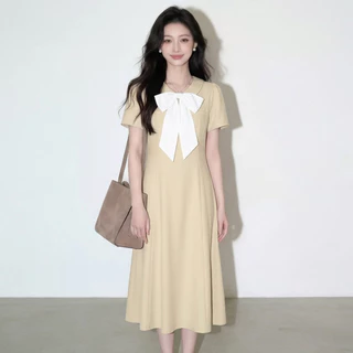 【S-5XL】 เดรสโบว์คอเกาหลี ทรงสวยสุภาพ ใส่ทำงานได้ ออกงานได้ Korean Midi Dress เดรสเกาหลีเรียบหรู
