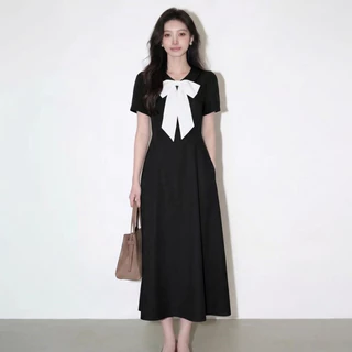 【S-5XL】 เดรสโบว์คอเกาหลี ทรงสวยสุภาพ ใส่ทำงานได้ ออกงานได้ Korean Midi Dress เดรสเกาหลีเรียบหรู