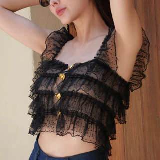 LUCA STUDIO_Black Maria Crop Top - เสื้อผ้าระบายลูกไม้ซีทรูสีดำ แต่งกระดุมหัวใจสีทองด้านหน้า