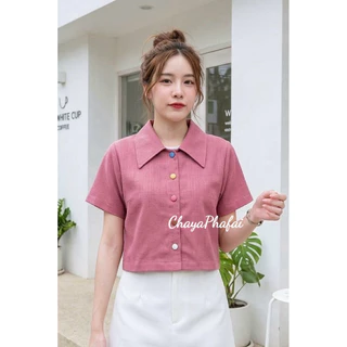 เสื้อผ้าฝ้ายคอปกใหญ่ กระดุมพาสเทล