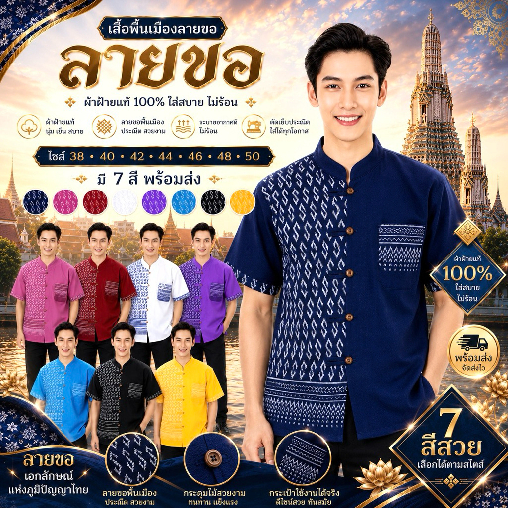 เสื้อผู้ชาย 5กระดุม แต่งครึ่งลายขอพระราชทาน