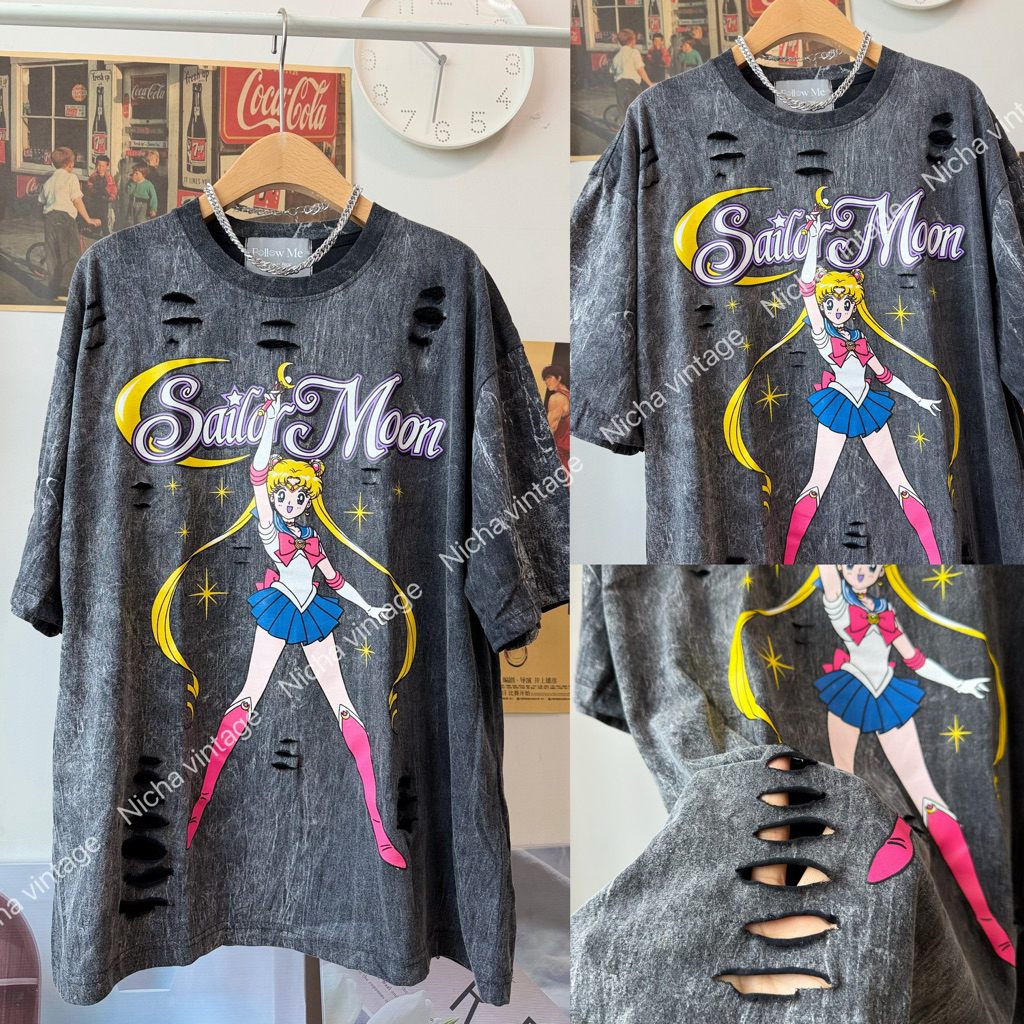 เสื้อยืดผ้าฟอก ขาดเซอร์ (ลายเซเลอร์มู) โอเวอร์ไซด์อก44.-