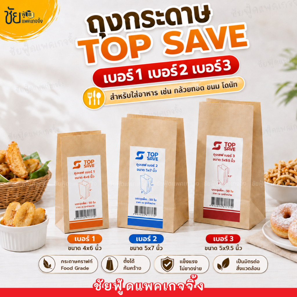 Top save ถุงกระดาษน้ำตาล ถุงกระดาษ มีก้น แพคละ 50ใบ มี เบอร์ 1 เบอร์ 2 เบอร์ 3