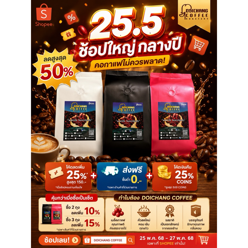 เมล็ดกาแฟคั่ว ดอยช้าง (Aรวม) 1 kg.