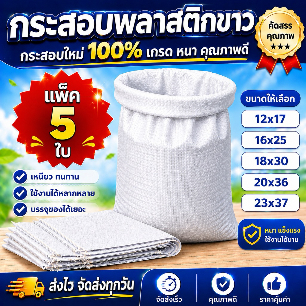 ส่งทุกวัน (แพ็ค 5 ใบ) กระสอบใหม่สีขาว ราคาโรงงาน สำหรับใส่น้ำตาล ข้าวสาร