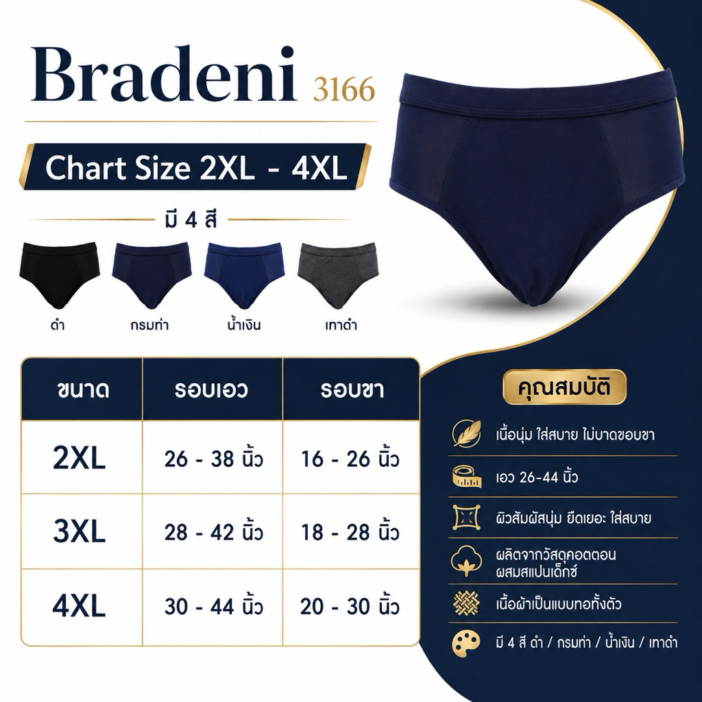 🚀🚀 พร้อมส่ง กางเกงในชาย Bradeni 3166 เนื้อนุ่ม ใส่สบาย ไม่บาดขอบขา เอว 26-44 นิ้ว 🚹🚹🚹