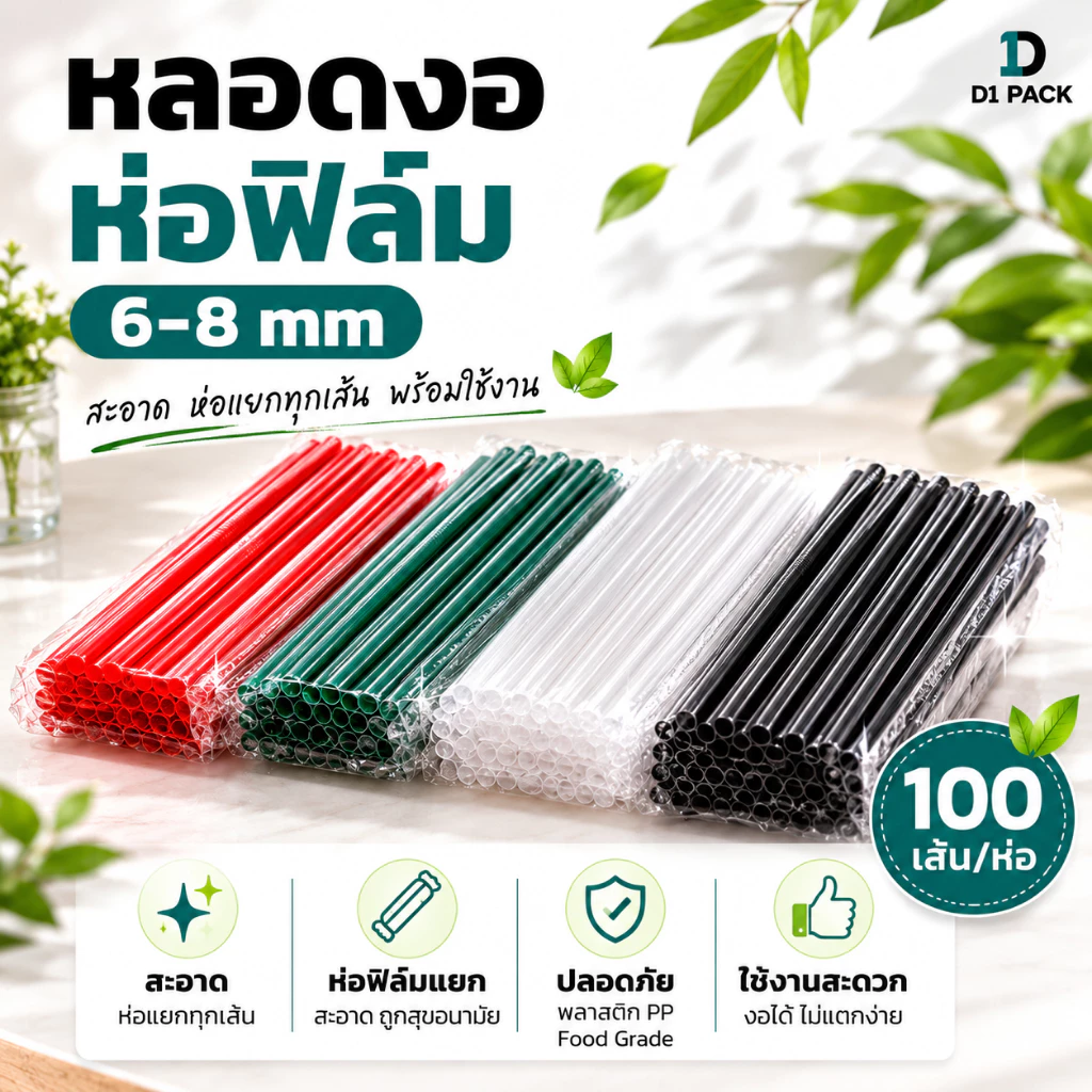หลอด หลอดดูดน้ำ ตรง/งอ ห่อฟิล์ม ขนาด 6, 8 มม. (100-250 เส้น/ห่อ) หลอดงอห่อฟิล์ม Food Grade