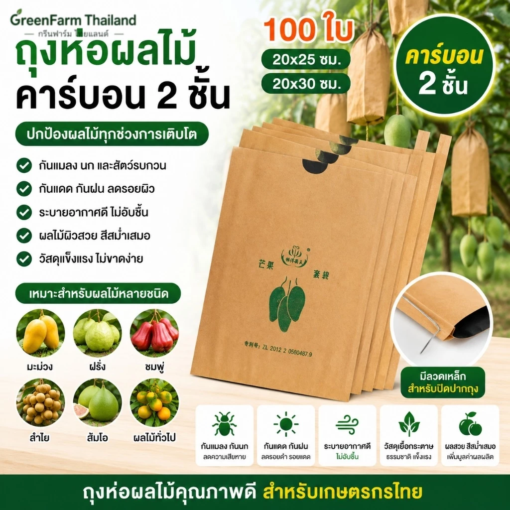 🥭พร้อมส่ง🥭ถุงห่อผลไม้คาร์บอน 100ใบ ถุงห่อมะม่วง ฝรั่ง ชมพู่ กันแมลง กันนก กันแดด กันฝน ผิวสวย ระบายอากาศดี 20x25/20x30