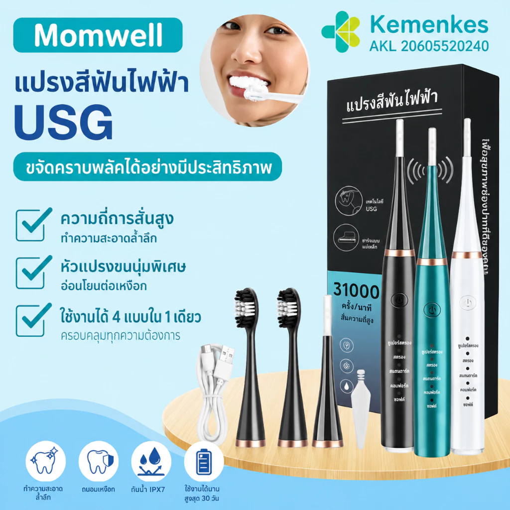 Momwell แปรงสีฟันไฟฟ้าโซนิค แปรงสีฟันไฟฟ้า สำหรับการดูแลและทำความสะอาดฟัน 4 โหมดประสิทธิภาพสูง