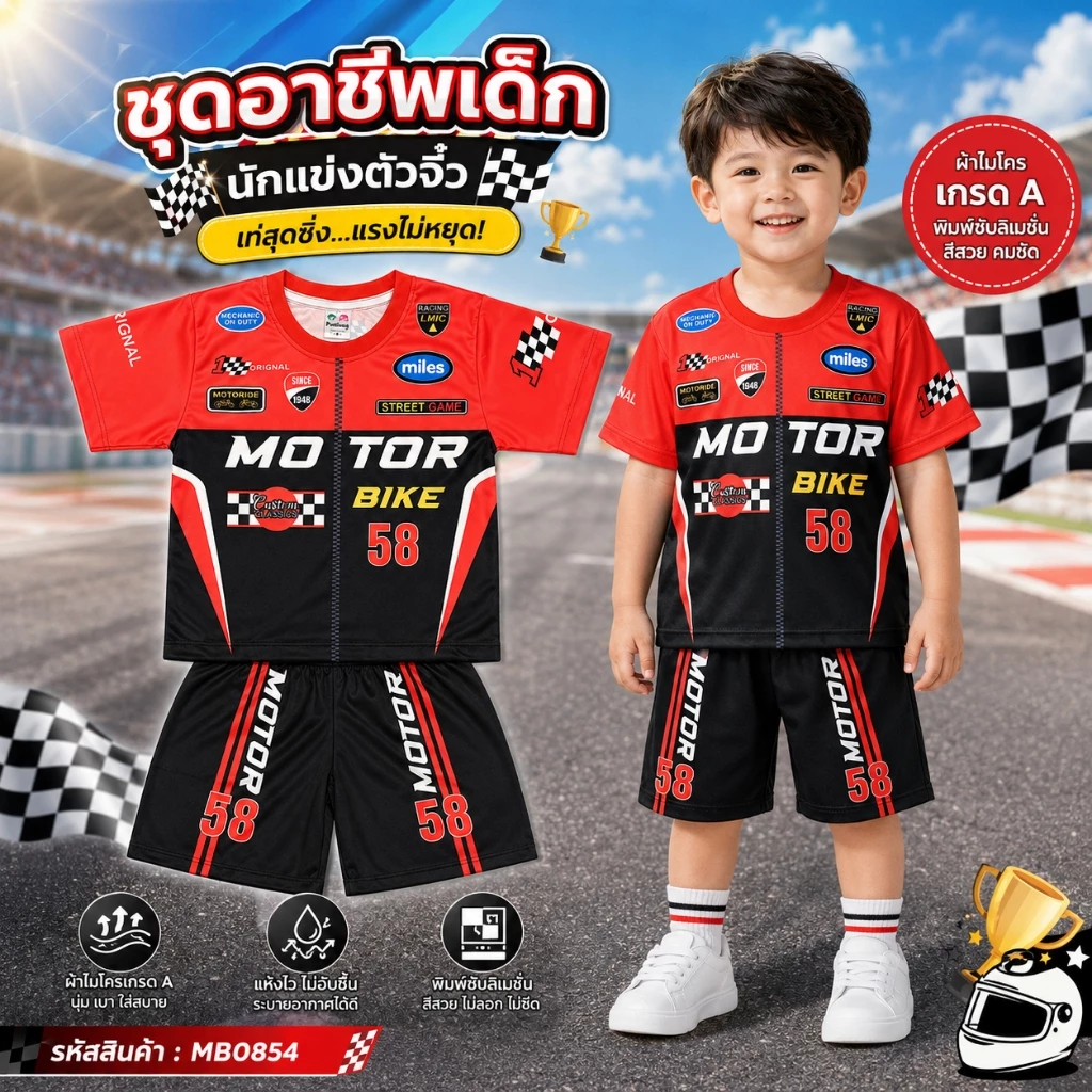 (MB0854) ชุดเด็ก ชุดอาชีพเด็ก เสื้อแขนสั้น+กางเกงขาสั้น ผ้าไมโครเกรดA (ผ้าลื่น) ลายชุดนักแข่งรถ เสื้อผ้าเด็กแฟชั่น