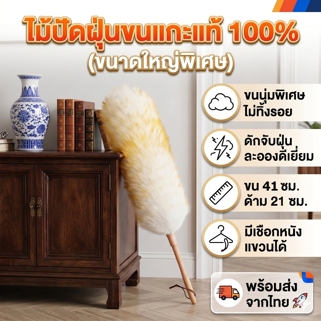 ไม้ปัดฝุ่นขนแกะแท้ ขนหนานุ่ม ไม่ร่วง ดักฝุ่นดีเยี่ยม ป้องกันรอยขีดข่วน สำหรับรถยนต์และในบ้าน