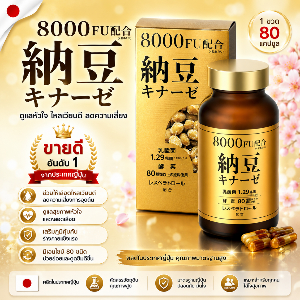 Nattokinase 8000FU Supplement อาหารเสริมนัตโตะคิเนสจากญี่ปุ่น 180 เม็ด (No.Jp978)
