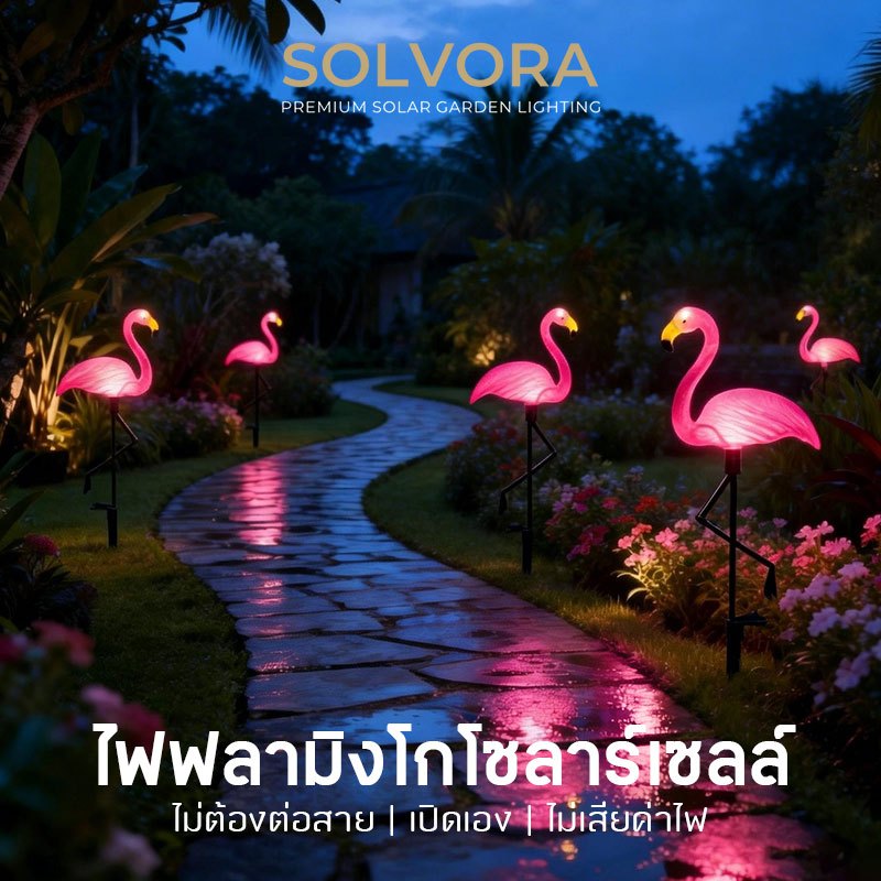 โคมไฟสนามรูปนกฟลามิงโก้ โซล่าเซลล์ กันน้ำ IP55 เปิดปิดอัตโนมัติ เสียบดินได้ ตกแต่งสวน