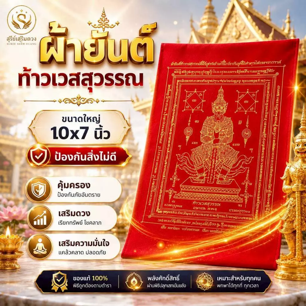 ผ้ายันต์ท้าวเวสสุวรรณ (สีทอง) 3.5 * 5.5 นิ้ว วัดจุฬามณีปลุกเสก⛩รุ่นไหมแดง ป้องกันสิ่งไม่ดี ค้าขายดี บ้านร่มเย็น เป็นสุข