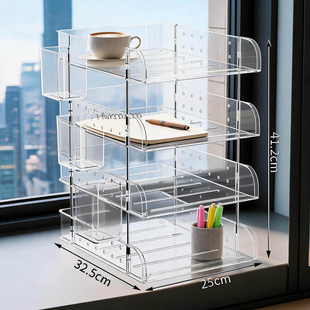 Transparent File holder Office desktop storage space 4-tier compartmentalized file rack