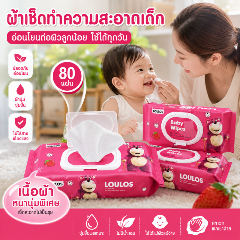 ทิชชู่เปียก ไวพส์ สำหรับเด็กและทารก แผ่นใหญ่พิเศษ 80 แผ่น กันฝุ่น อ่อนโยน สะอาด ใช้ดี