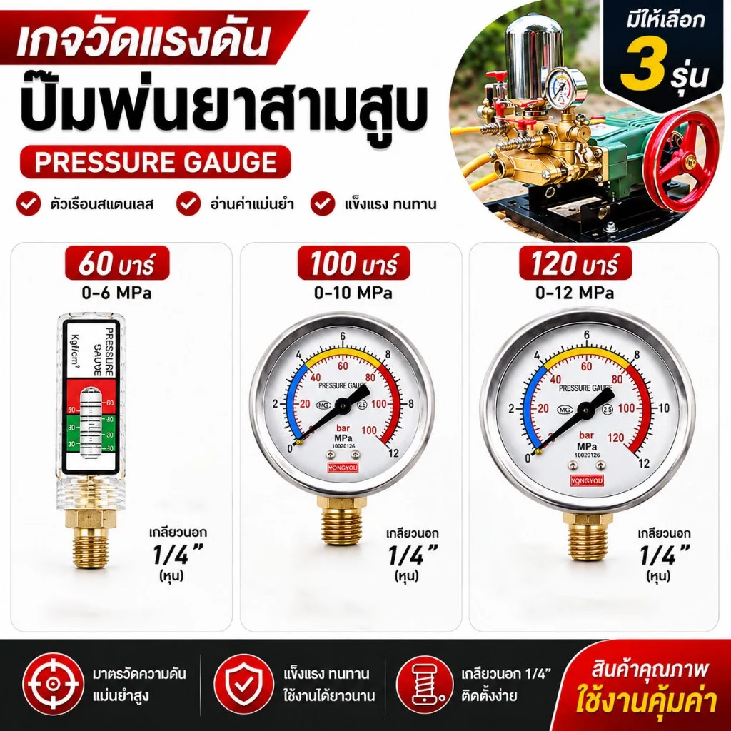 เกย์แรงดัน เกแรงดัน เกจปั๊มพ่นยาสามสูบ pressure gauge 60 บาร์ ,100 บาร์ ,120 บาร์ เกลียวนอก 1/4 เกจ์วัดแรงดันปั๊มสามสูบ