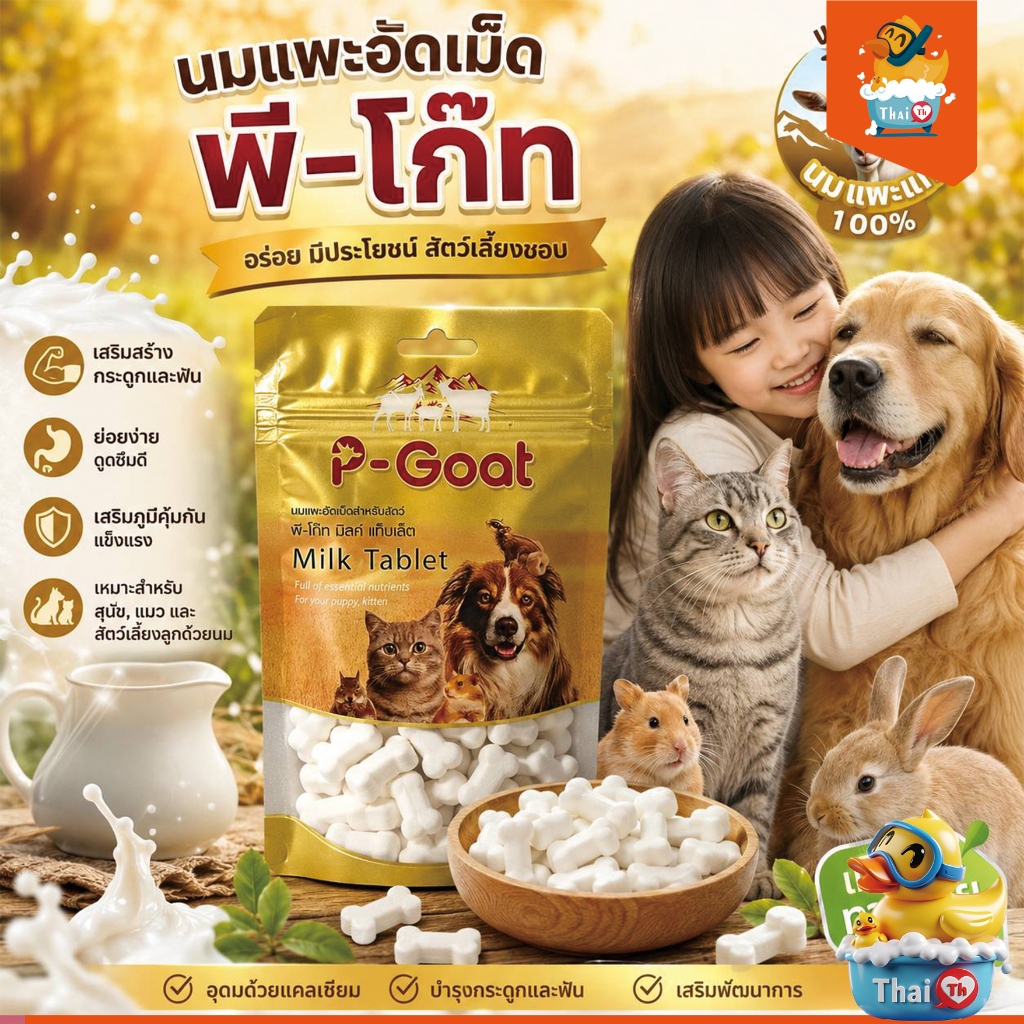 Thai.th พี-โก๊ท นมแพะอัดเม็ดแท้ 100% เหมาะสำหรับสัตว์เลี้ยงทุกประเภท P-Goat