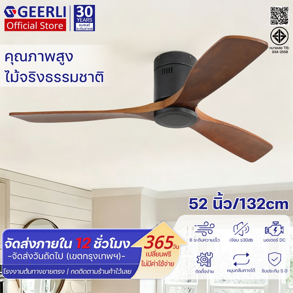 GEERLI พัดลมเพดาน 52 นิ้ว สไตล์มินิมอล มอเตอร์ DC ทองแดงแท้ ประหยัดไฟ เงียบ 6 สปีด แรงลมจัดเต็ม รีโมท ตั้งเวลาได้ วิลล่า