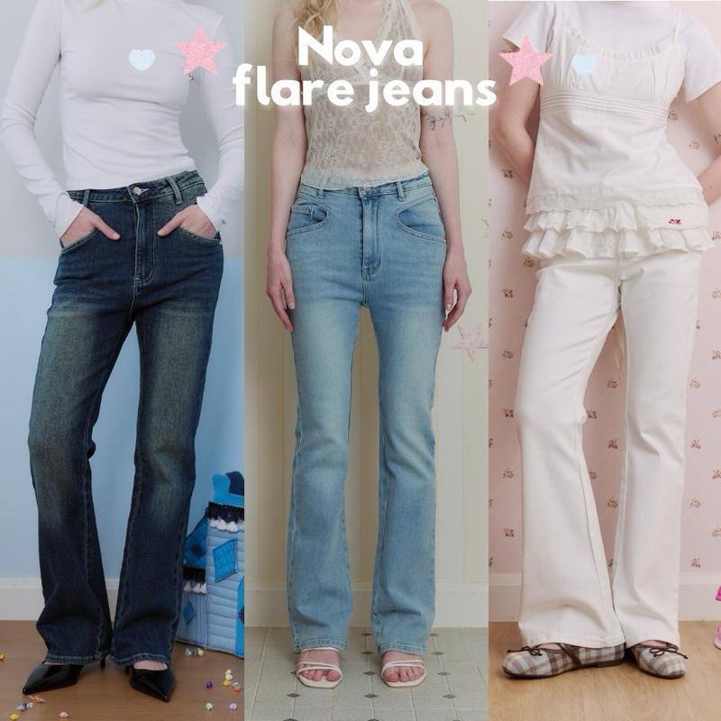 (มี S-7XL) Nova Flare Jeans *แนะนำลดไซส์ กางเกงยีนส์เอวสูงขาม้าเล็ก เนื้อผ้ายืด  รุ่น P19 - Mesave