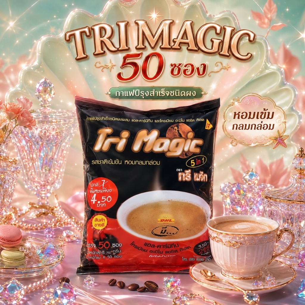 กาแฟทรีเมจิก 🍡 แบบห่อบรรจุ50ซอง 🍯 รสกลมกล่อม,ใช้ผงกาแฟเกรดพรีเมี่ยม 5 IN 1 ขายดี ถูกใจผู้ดื่มทั่วไทย