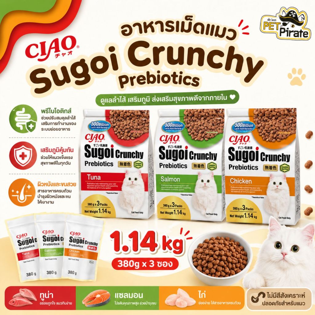 Sugoi Crunchy Prebiotics อาหารแมวโต พรีไบโอติกส์ โปรตีนสูง 1.14kg