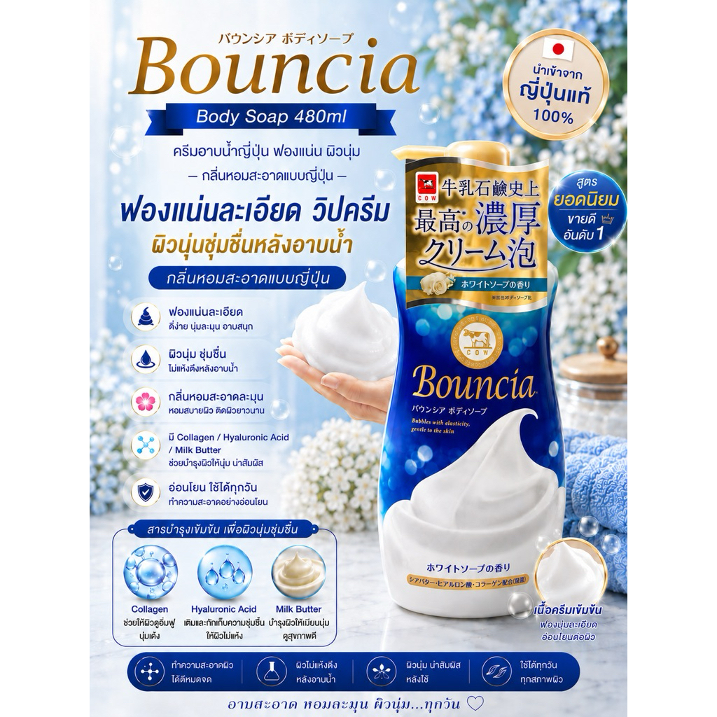 Bouncia Body Soap 480ml ครีมอาบน้ำนำเข้าจากญี่ปุ่น ฟองแน่น ผิวนุ่ม กลิ่นหอมสะอาด