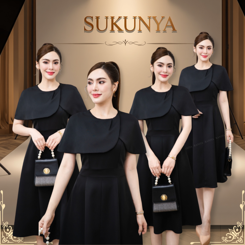 Sukunya 6821 :เดรสทรงสุภาพผ้าโพลีเอสเตอร์ ดีไซน์เรียบหรู ช่วงบนเข้ารูป กระโปรงทรงย้วย
