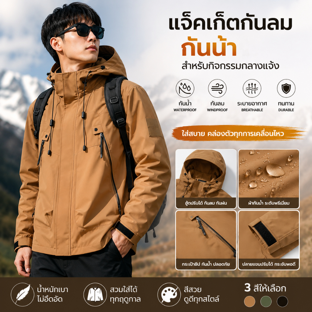 เสื้อกันลมกันฝนผู้ชาย มีฮู้ด ผ้าเทคโนโลยี ระบายอากาศ สีครีม น้ำตาล ดำ ใส่เดินป่า แคมป์ปิ้ง เที่ยวกลางแจ้ง สวมสบาย