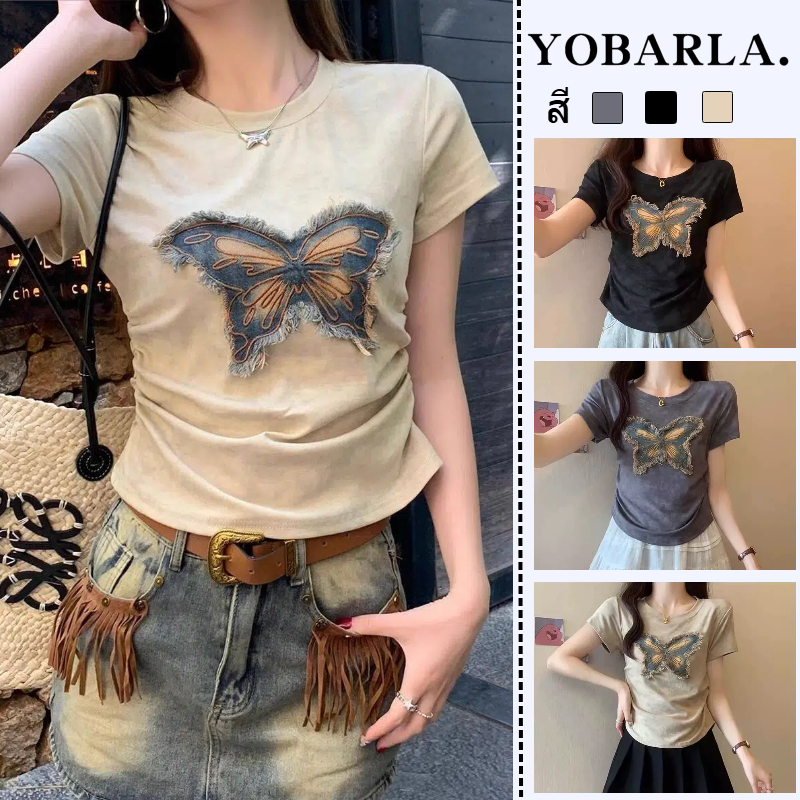 เสื้อยืดแขนสั้น เสื้อยืดแขนสั้นปักลายผีเสื้อ เก็บกระชับเอว ได้พรางหุ่น ใส่สบายไม่อึดอัด