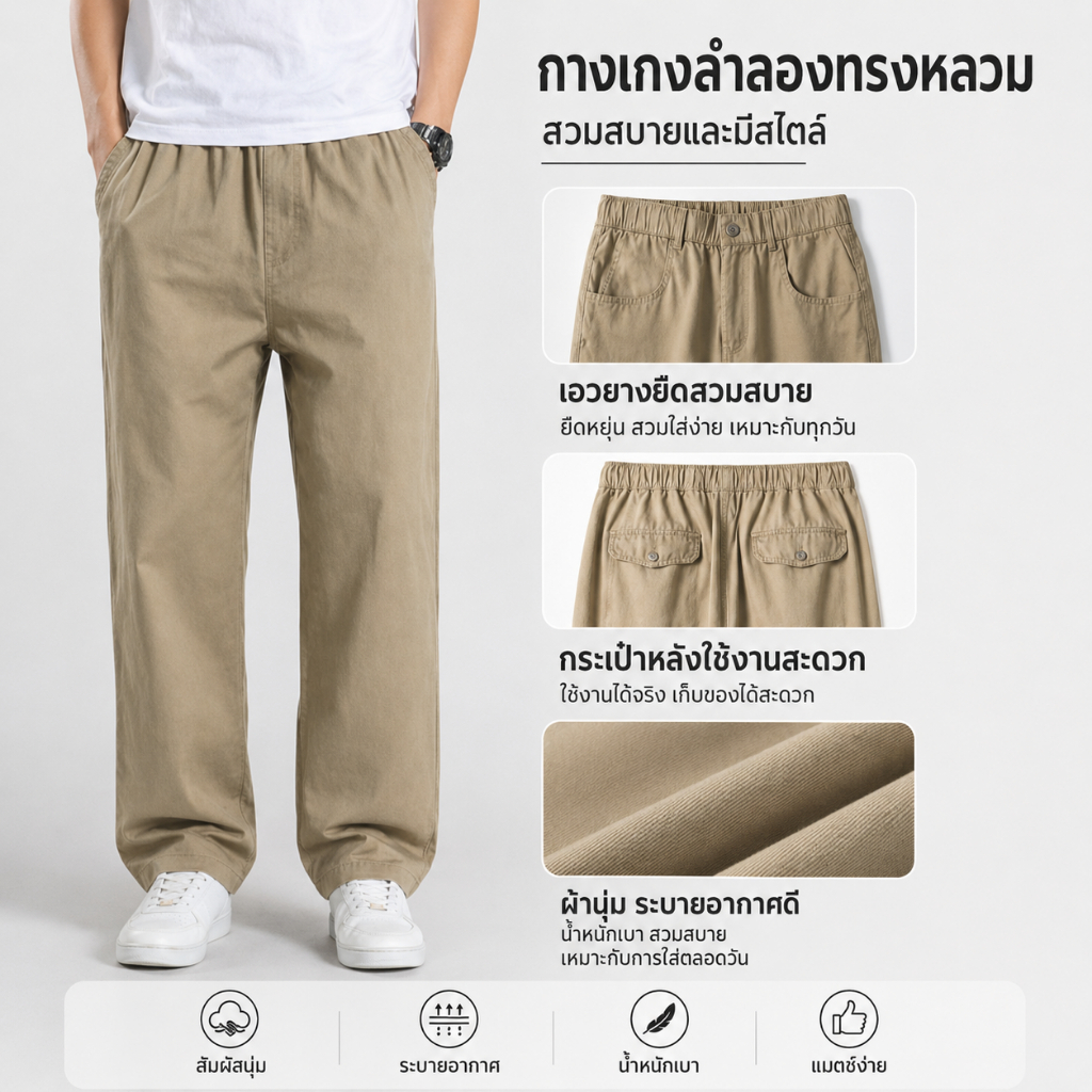 กางเกงผ้าผู้ชายขายาว ทรงตรงหลวม เอวยางยืด ใส่สบาย ไม่รัดขา สีกากี สีเทา สีดำ ใส่ทำงาน ใส่เที่ยว ได้ทุกวัน ระบายอากาศ