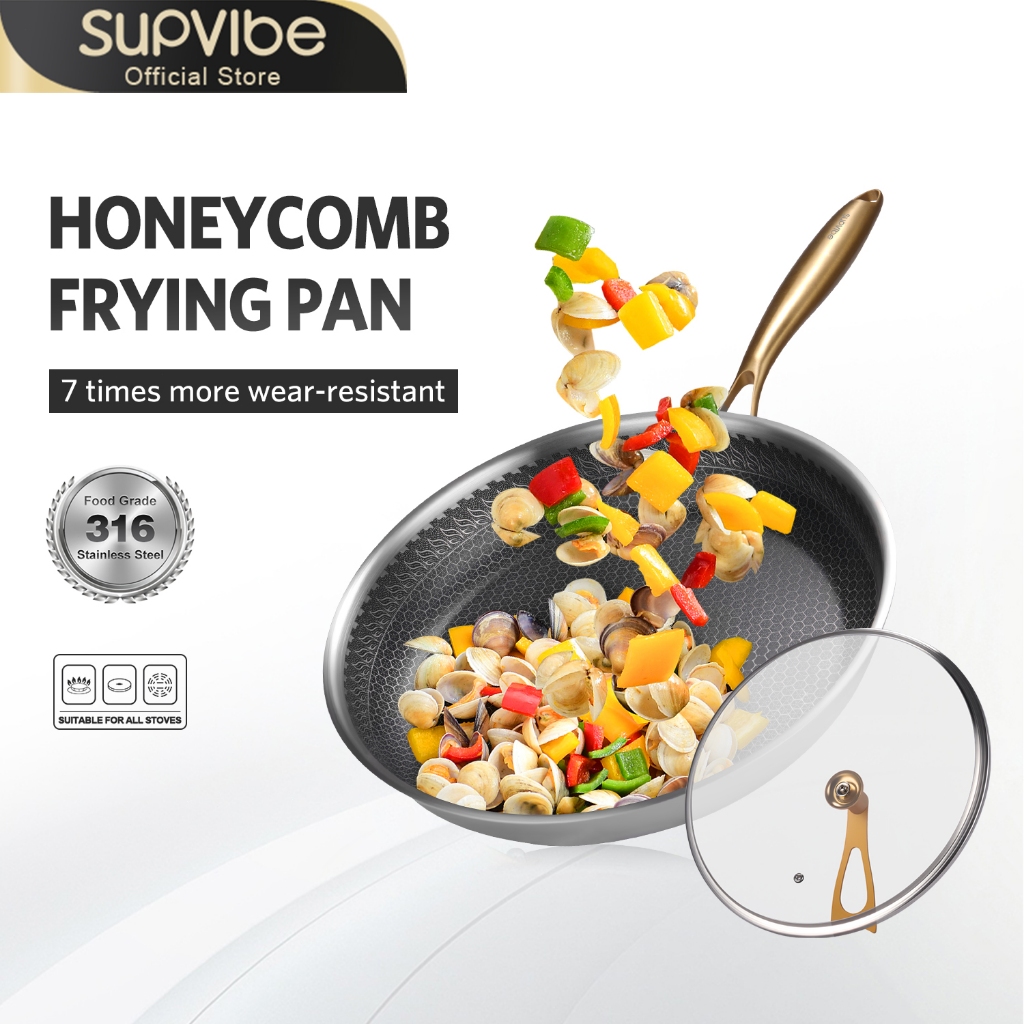 SUPVIBE กระทะรังผึ้งสแตนเลส วัสดุสแตนเลส 316 ลายรังผึ้ง ไม่ติดกระทะ ทนต่อรอยขีดข่วน กระทะรังผึ้ง 26/30/32 ซม.